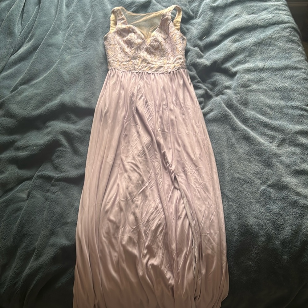David’s Bridal bridesmaid dress in lilac